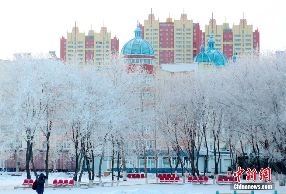 12月10日,受降溫天氣影響,黑河市黑龍江江畔出現(xiàn)綿延數(shù)公里的霧凇景觀。