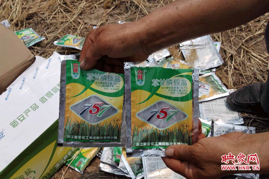 毀掉玉米的農(nóng)藥袋散落在地頭。