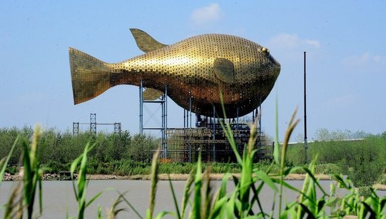 昨天，揚(yáng)中市西沙島，正在施工的河豚塔金光閃閃