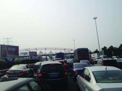 收費(fèi)站前長(zhǎng)長(zhǎng)排隊(duì)的車輛。陳郁
