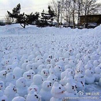 網(wǎng)傳“煙臺男子大學生堆1314個雪人表白”。微博圖