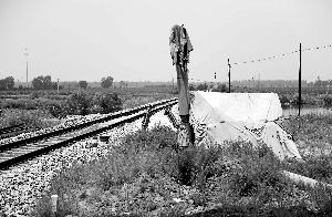 6月30日， 農(nóng)戶用搭建的窩棚和電線桿阻擋了鐵路的施工。新華社發(fā)