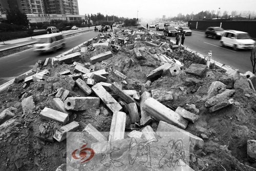 中州大道部分路段，綠化帶成了垃圾場。