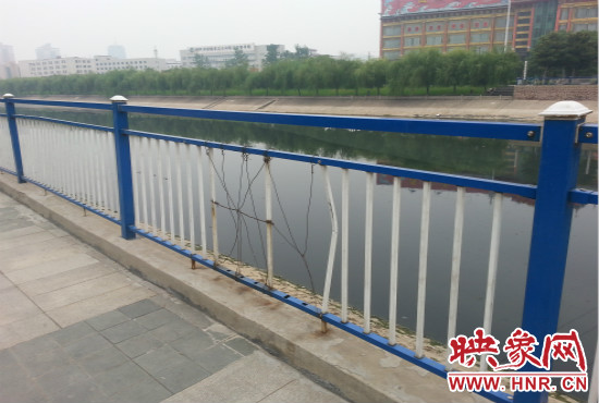 公園內(nèi)多個(gè)護(hù)欄中間的鋼筋條不翼而飛，僅僅是用幾根細(xì)細(xì)鐵絲纏住。