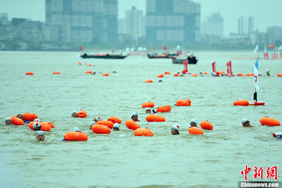 圖為江面上的橫渡方隊(duì)里的選手們劈波斬浪。中新社發(fā) 張暢 攝