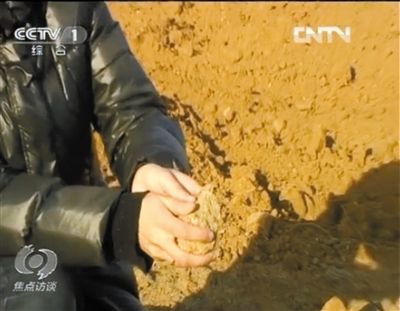 麻剛沙系麻剛石粉碎而成。記者找到一塊麻剛石，一捏就碎成粉末，硬度非常差。央視截圖