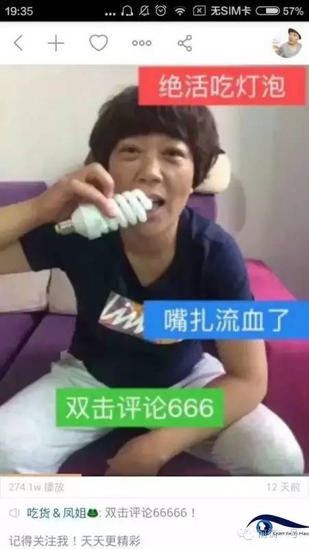 “吃貨鳳姐”直播吃燈泡。