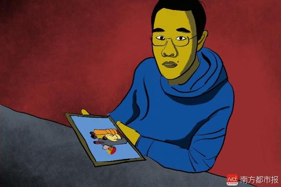 王煥凱看著一家人幸福的合照，黯然神傷，悔不當(dāng)初。（畫作者：吳斌）