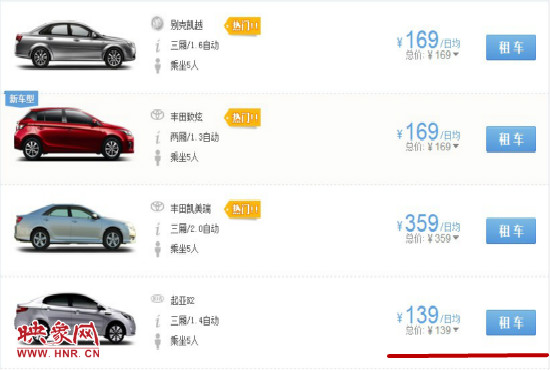 平時(shí)部分汽車租車價(jià)格。