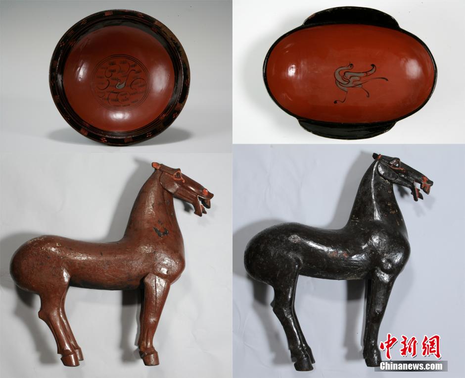 圖為出土漆器240余件，器形有耳杯、奩、幾、盤、盒、俑、馬等。