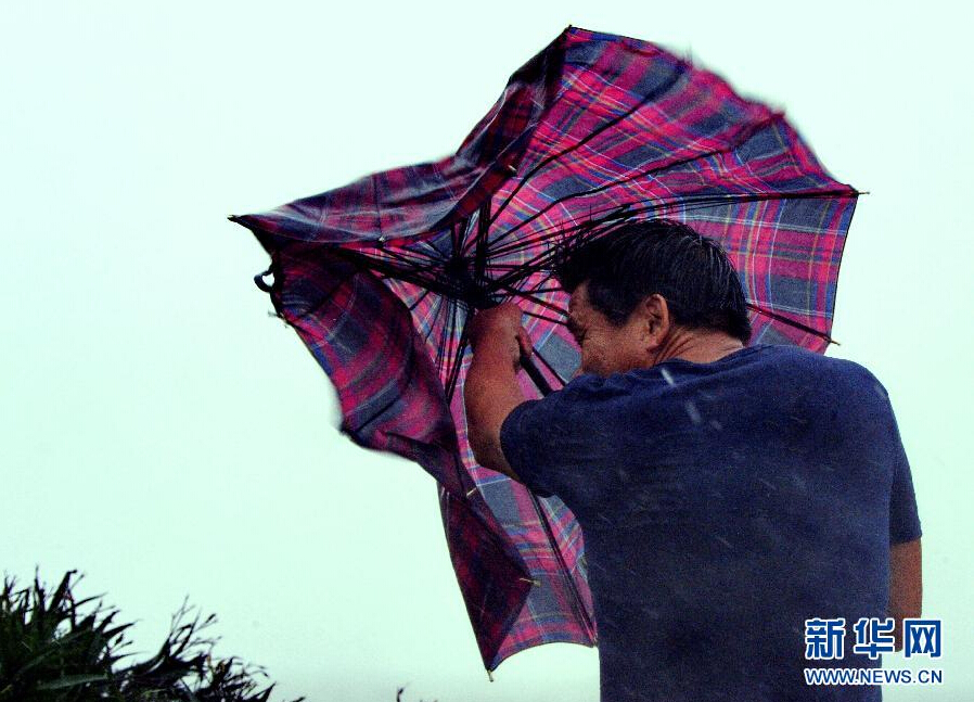 8月8日，福建省石獅市漁民在風(fēng)雨中前行。