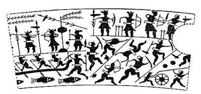 衛(wèi)輝市山彪鎮(zhèn)發(fā)掘出的戰(zhàn)國(guó)水陸攻戰(zhàn)紋銅鑒，上面有古人乘舟水戰(zhàn)的場(chǎng)面。